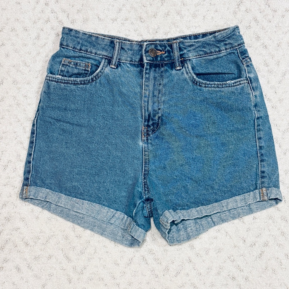 Zara High Waist Denim Shorts Sz 6 Altered Cuffed Distressed Cotton Blue Festival
